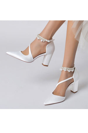White Satin Heels with Cross - Strap Design and Pearl - Accented Buckle - KissProm