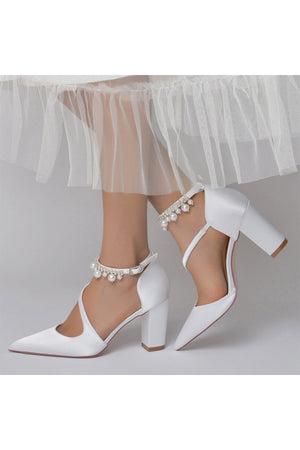 White Satin Heels with Cross - Strap Design and Pearl - Accented Buckle - KissProm