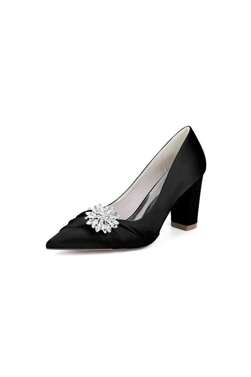 Black Satin High Heels with a Crystal Flower Accent - KissProm