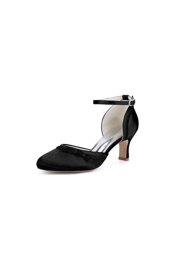 Navy Blue Satin High Heels with Bow Accent - KissProm