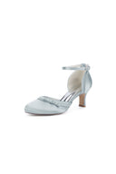 Navy Blue Satin High Heels with Bow Accent - KissProm