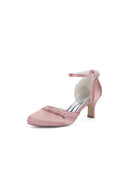 Navy Blue Satin High Heels with Bow Accent - KissProm