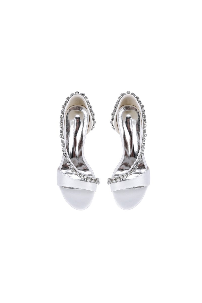 White Satin High Heels with Crystal and Chain Embellishments - KissProm
