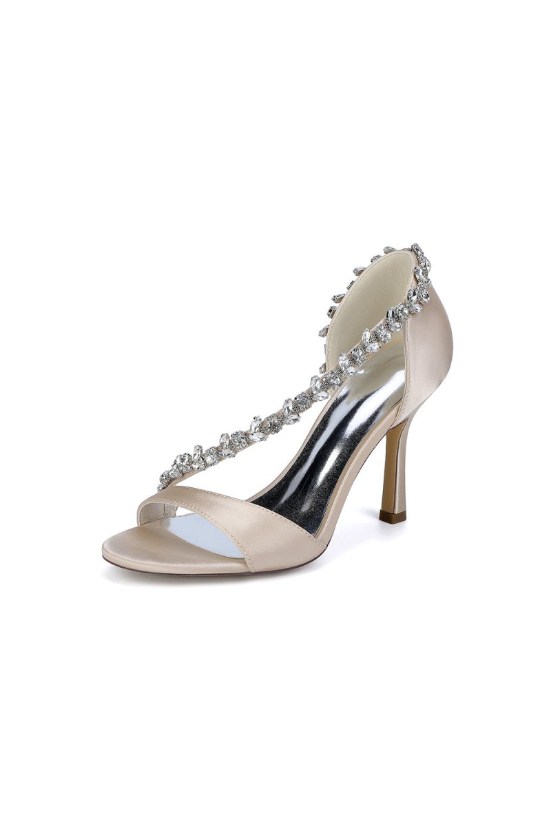 White Satin High Heels with Crystal and Chain Embellishments - KissProm