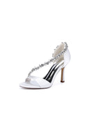 White Satin High Heels with Crystal and Chain Embellishments - KissProm