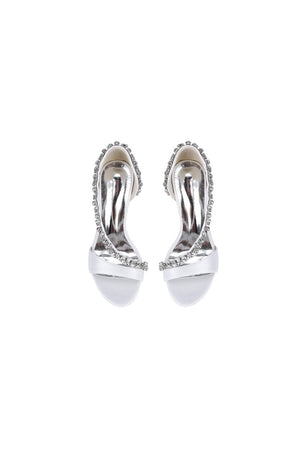 White Satin High Heels with Crystal and Chain Embellishments - KissProm