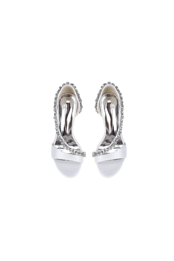 White Satin High Heels with Crystal and Chain Embellishments - KissProm