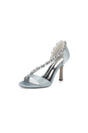 White Satin High Heels with Crystal and Chain Embellishments - KissProm