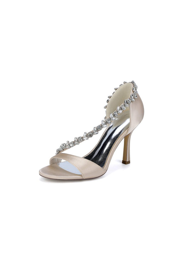 White Satin High Heels with Crystal and Chain Embellishments - KissProm