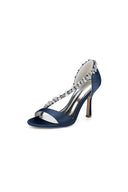 White Satin High Heels with Crystal and Chain Embellishments - KissProm
