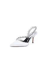 White Satin High Heels with Crystal Embellishments - KissProm