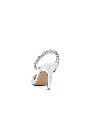 White Satin High Heels with Crystal Embellishments - KissProm