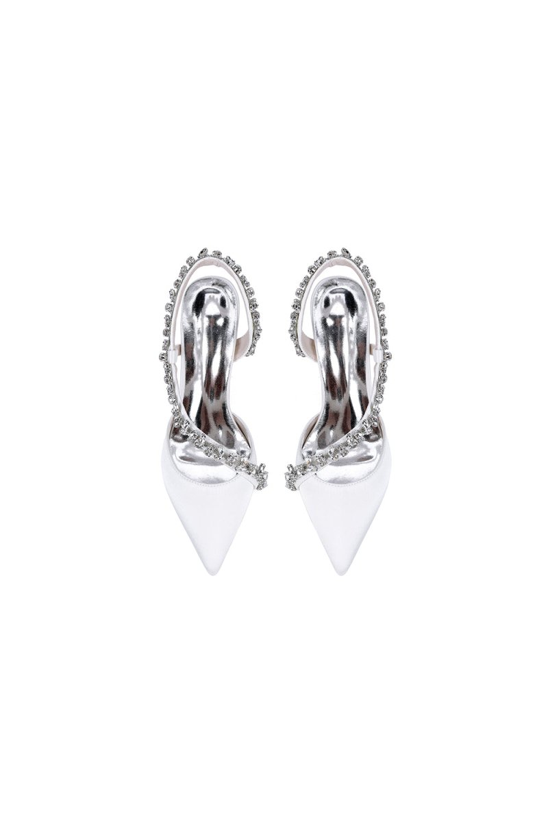 White Satin High Heels with Crystal Embellishments