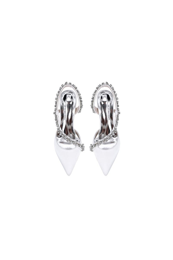 White Satin High Heels with Crystal Embellishments - KissProm