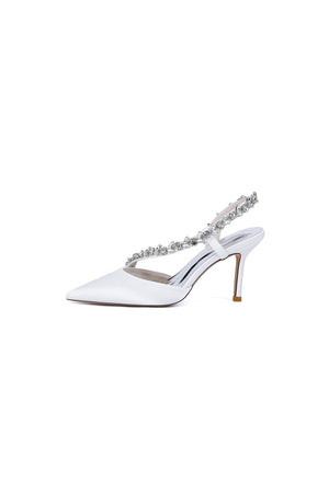 White Satin High Heels with Crystal Embellishments - KissProm