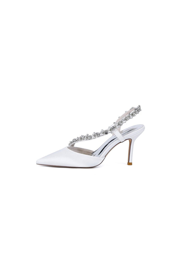 White Satin High Heels with Crystal Embellishments - KissProm