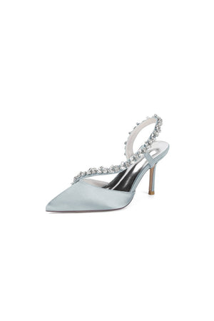White Satin High Heels with Crystal Embellishments - KissProm