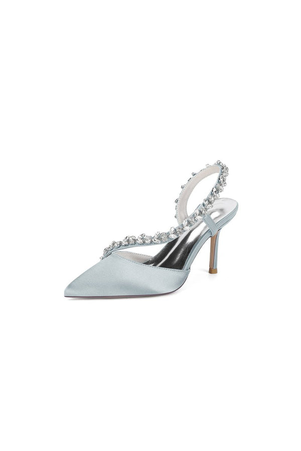 White Satin High Heels with Crystal Embellishments - KissProm