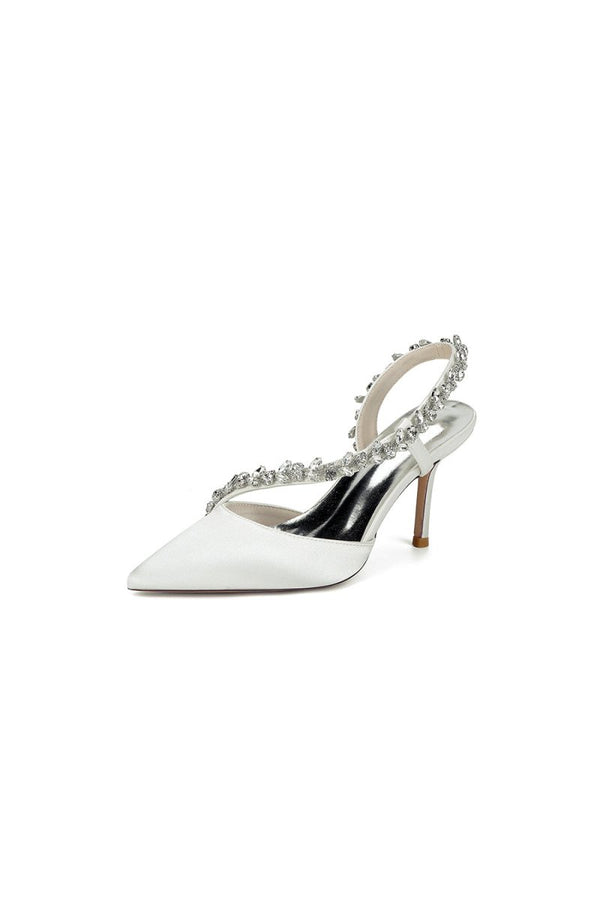 White Satin High Heels with Crystal Embellishments - KissProm