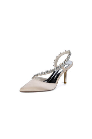 White Satin High Heels with Crystal Embellishments - KissProm