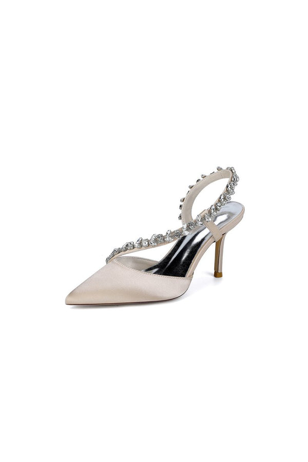 White Satin High Heels with Crystal Embellishments - KissProm