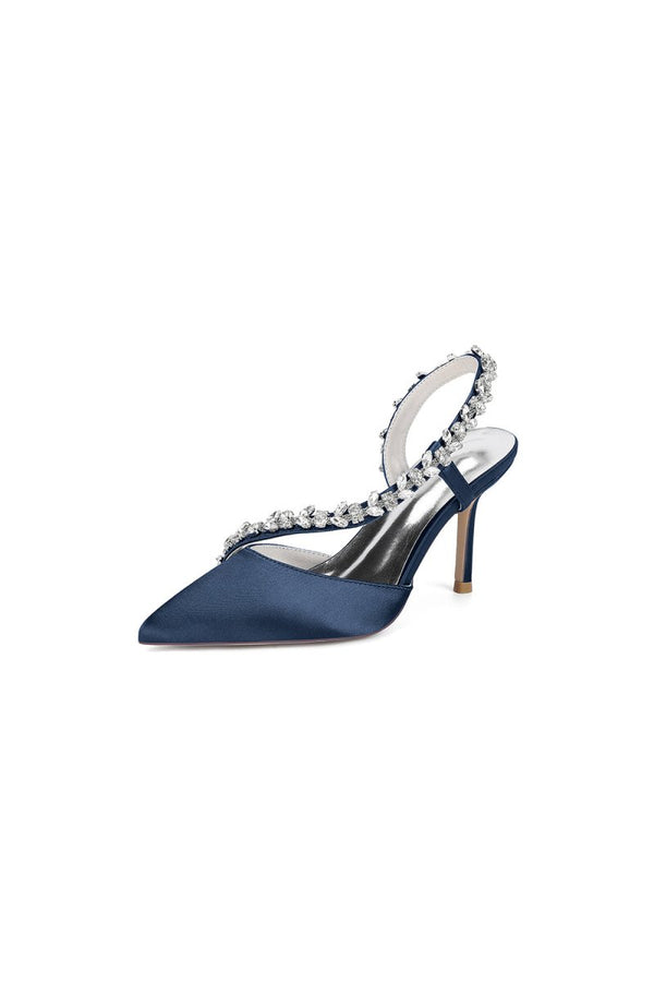 White Satin High Heels with Crystal Embellishments - KissProm