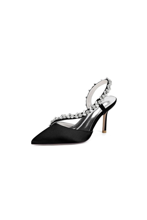 White Satin High Heels with Crystal Embellishments - KissProm