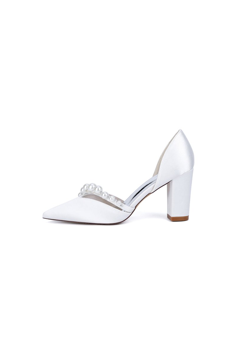 White Satin High Heels with Pearl Embellishments - KissProm