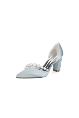White Satin High Heels with Pearl Embellishments - KissProm