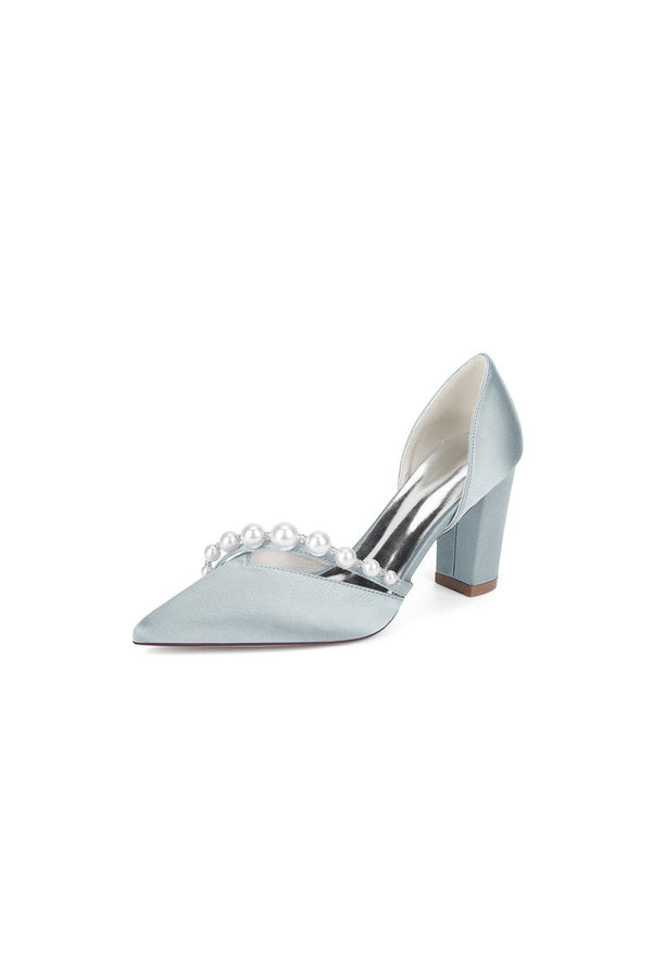 White Satin High Heels with Pearl Embellishments - KissProm