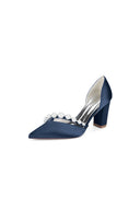 White Satin High Heels with Pearl Embellishments - KissProm