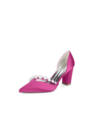 White Satin High Heels with Pearl Embellishments - KissProm