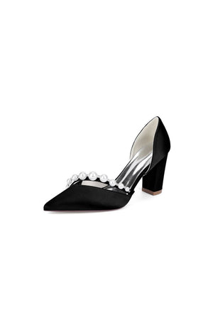 White Satin High Heels with Pearl Embellishments - KissProm