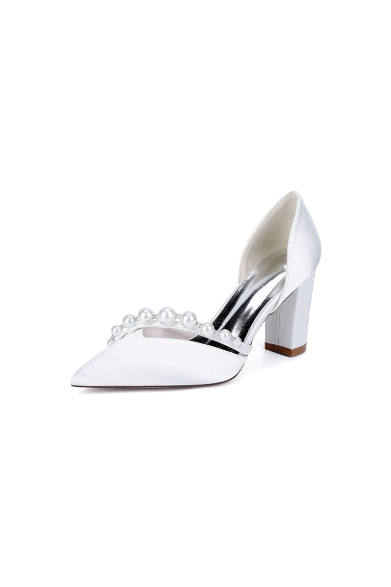 White Satin High Heels with Pearl Embellishments - KissProm