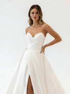 Milana | White Satin Long A - Line Wedding Dress with Slit - KissProm