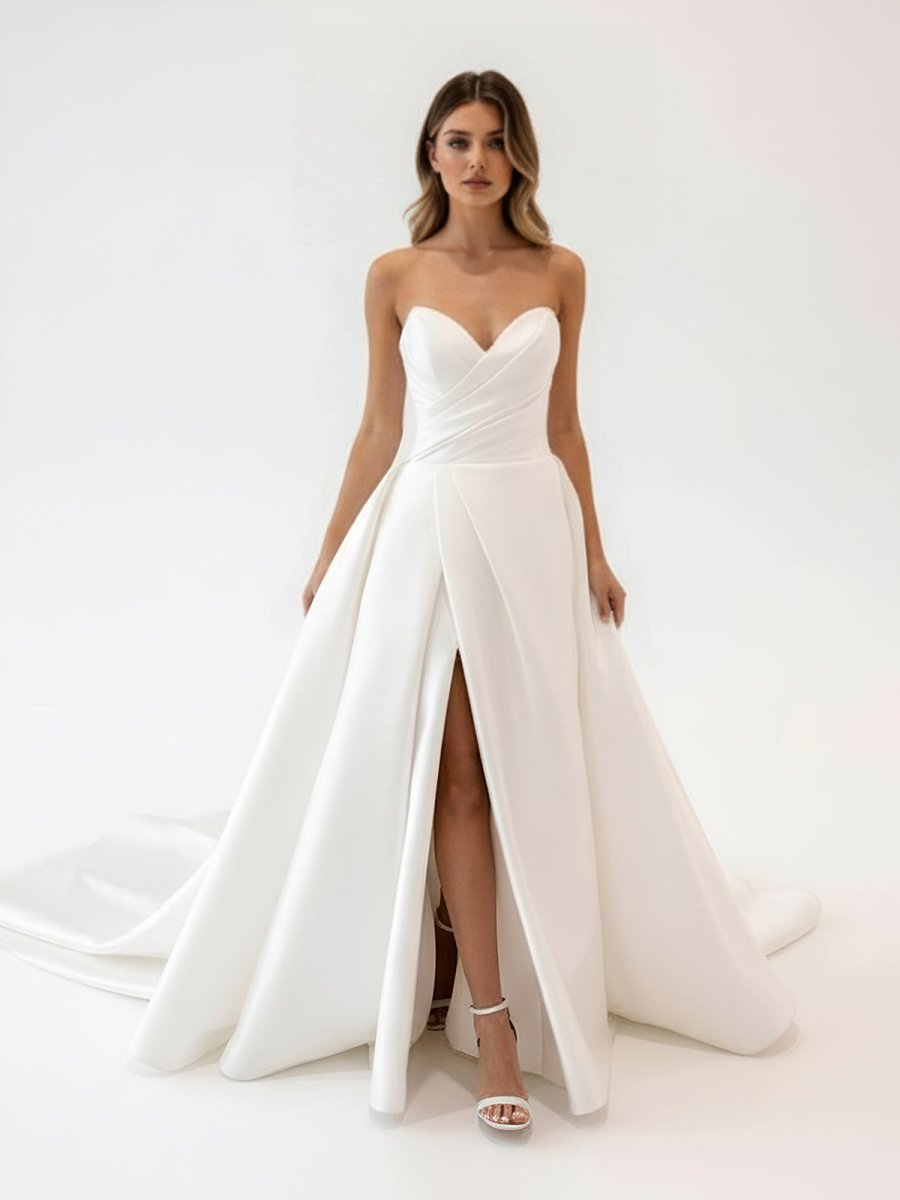 Milana | White Satin Long A - Line Wedding Dress with Slit - KissProm