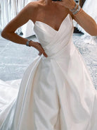 Milana | White Satin Long A - Line Wedding Dress with Slit - KissProm