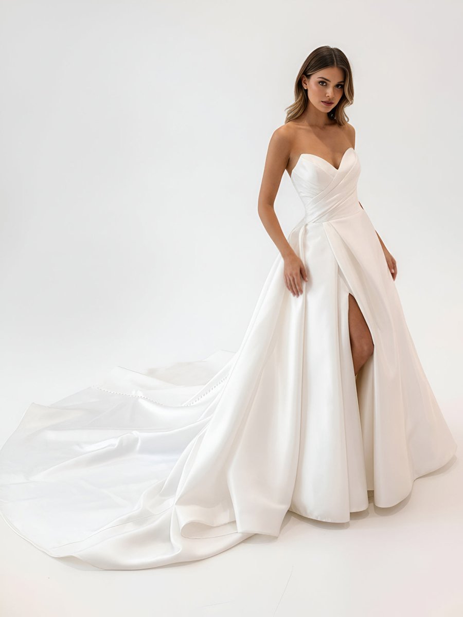 Milana | White Satin Long A - Line Wedding Dress with Slit - KissProm