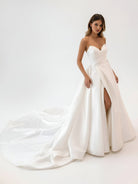 Milana | White Satin Long A - Line Wedding Dress with Slit - KissProm