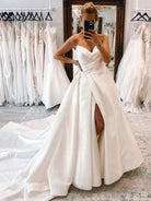 Milana | White Satin Long A - Line Wedding Dress with Slit - KissProm