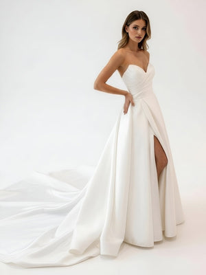 Milana | White Satin Long A - Line Wedding Dress with Slit - KissProm