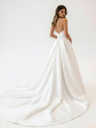 Milana | White Satin Long A - Line Wedding Dress with Slit - KissProm
