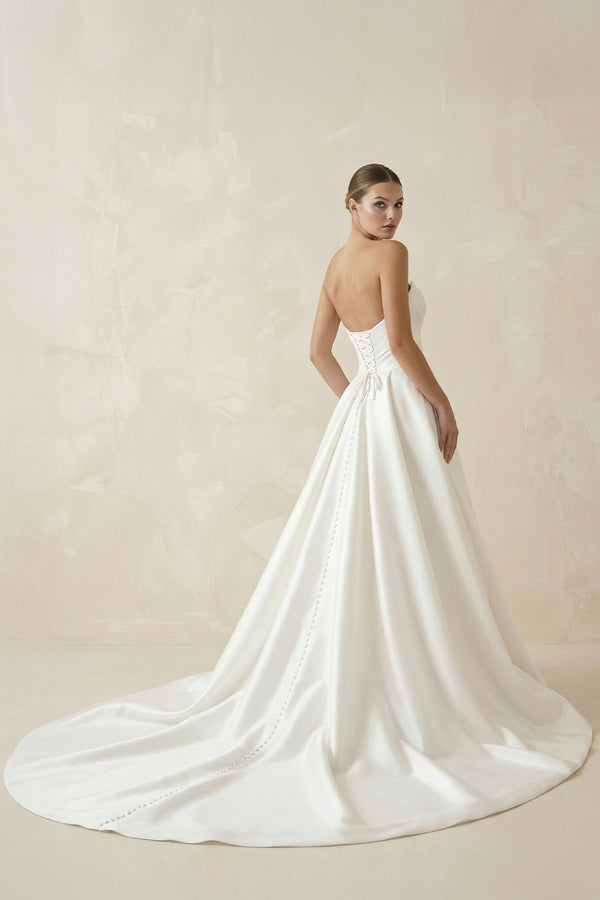White Satin Long A-Line Wedding Dress with Slit – Wedding Dresses by KissProm | Available at KissProm