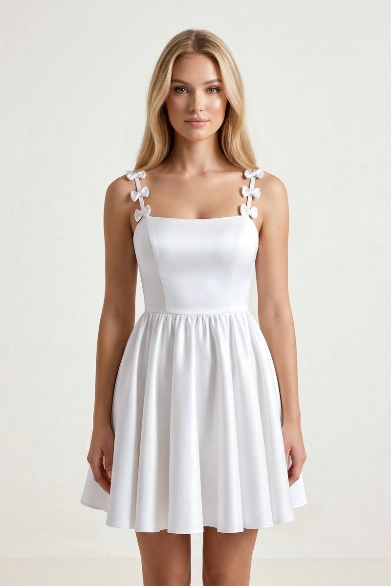 White Satin Mini Graduation Dress with Bow Straps - KissProm