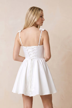White Satin Mini Graduation Dress with Bow Straps - KissProm

