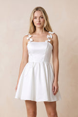 White Satin Mini Graduation Dress with Bow Straps - KissProm