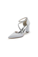 White Satin Pump with Cross - Strap and Beaded Buckle - KissProm