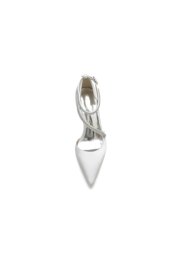 White Satin Pump with Cross - Strap and Beaded Buckle - KissProm