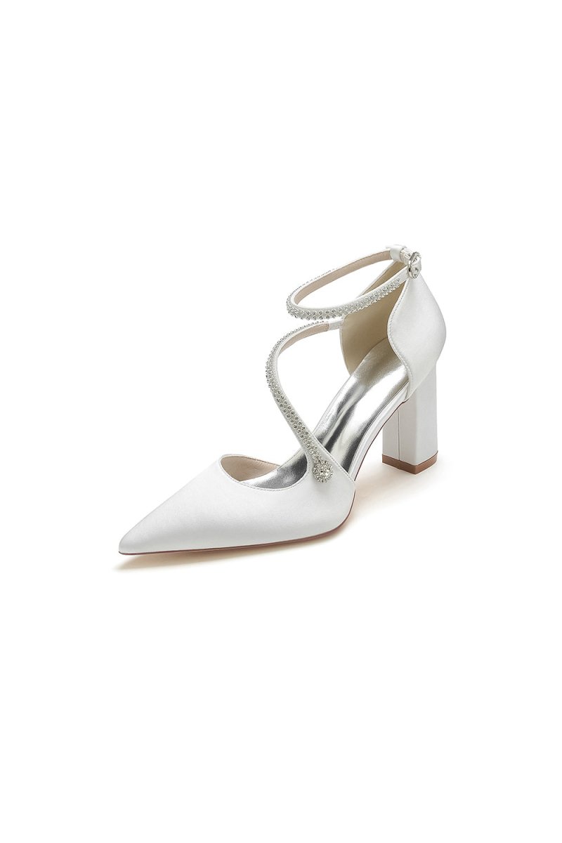 White Satin Pump with Cross - Strap and Beaded Buckle - KissProm