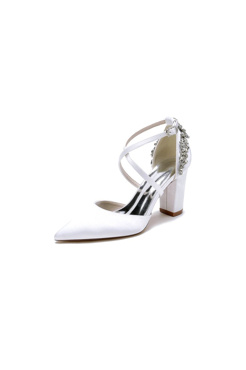 White Satin Pump with Cross - Strap and Metal Accent - KissProm